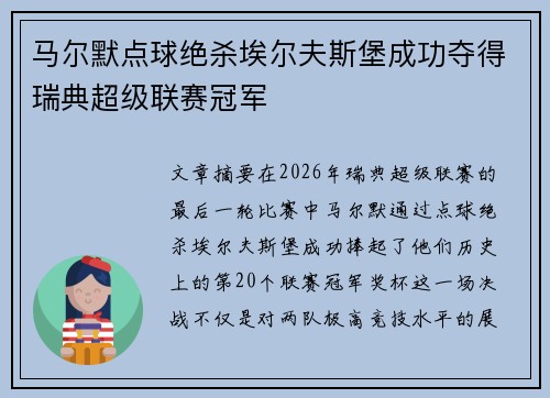 马尔默点球绝杀埃尔夫斯堡成功夺得瑞典超级联赛冠军