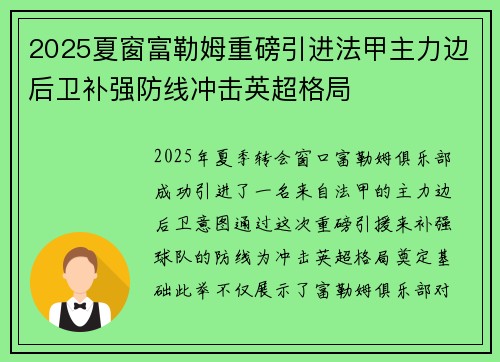 2025夏窗富勒姆重磅引进法甲主力边后卫补强防线冲击英超格局